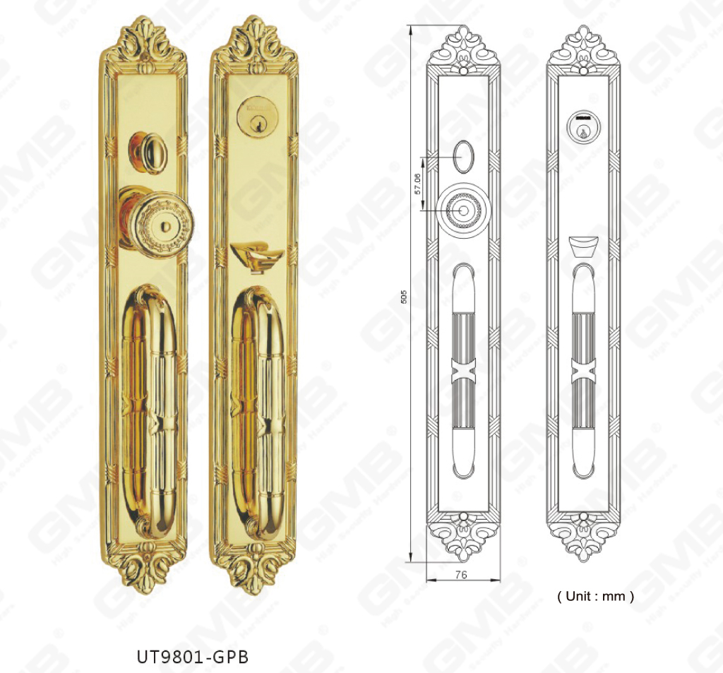 Applicazione maniglia per porta esterna in ottone locd Serrature di lusso americane (UT9801-GPB)