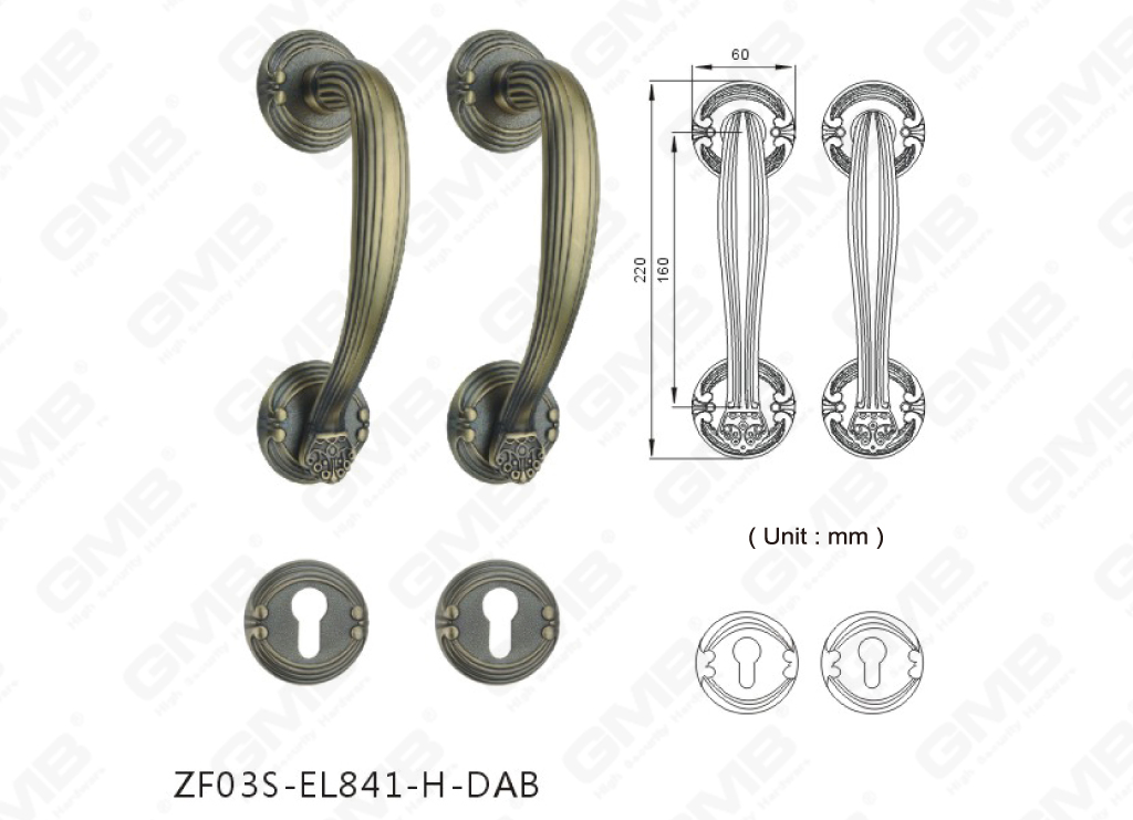 Maniglione classico in lega di zinco per porte esterne di lusso (ZF03S-EL841-H-DAB)