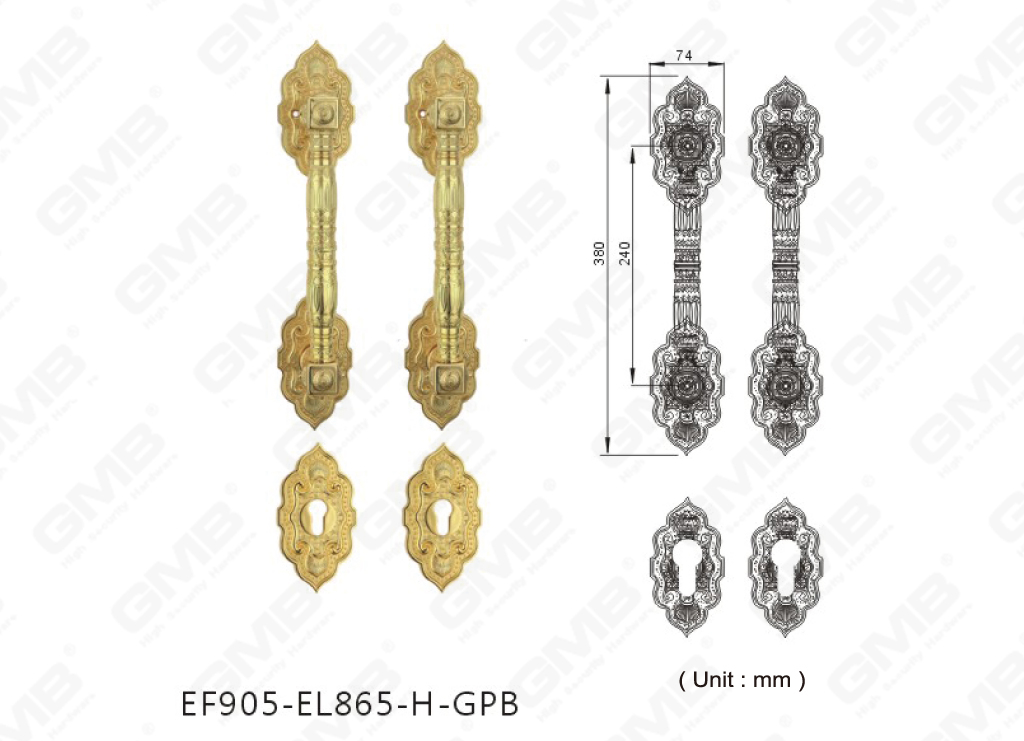Maniglione classico in lega di zinco per porte esterne di lusso ad alta sicurezza (EF905-EL865-H-GPB)