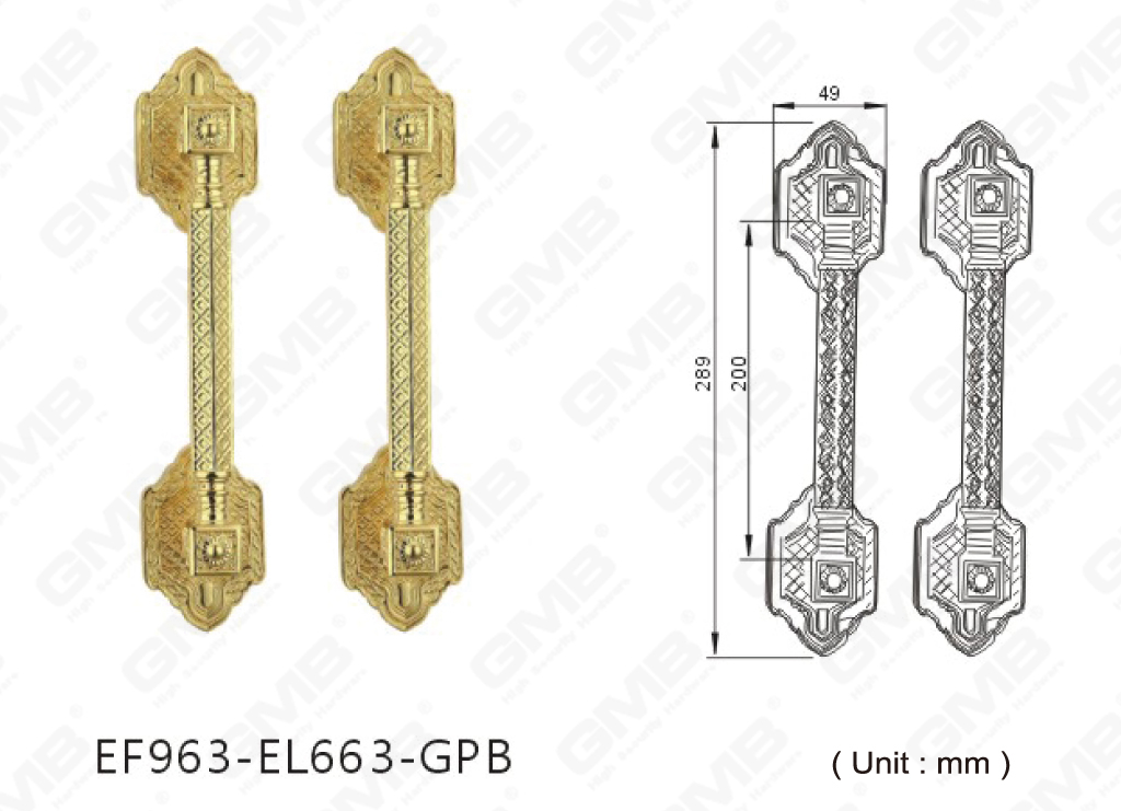 Maniglione classico in lega di zinco per porte esterne di lusso su misura (EF963-EL663-GPB)